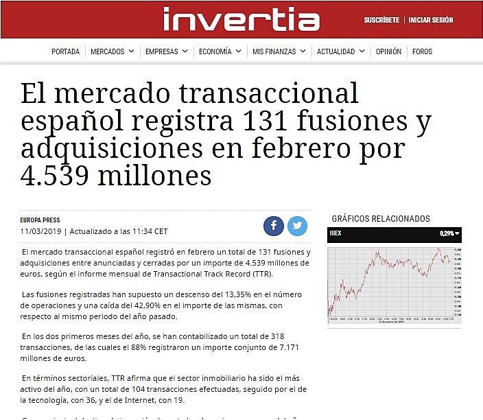 El mercado transaccional espaol registra 131 fusiones y adquisiciones en febrero por 4.539 millones